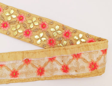 Beige Art Silk Fabric Trim, Salmon Pink & Gold Floral Embroidery Gota Patti Indian Sari Border Trim By Yard Decorative Trim Craft Lace